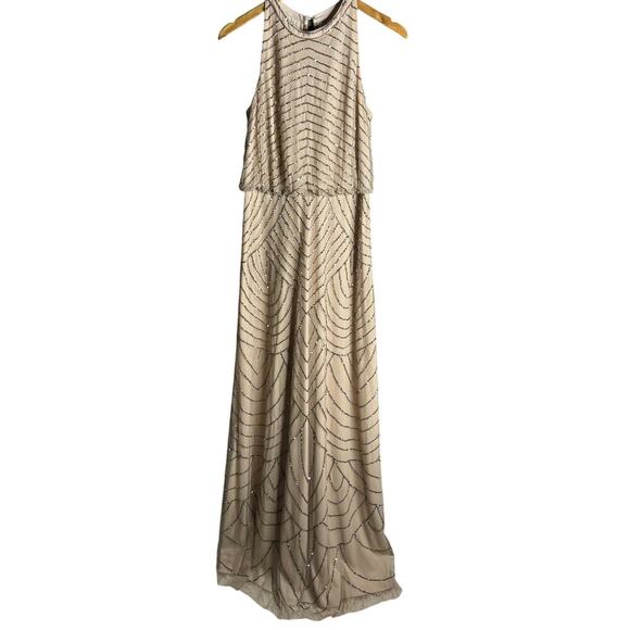 Adrianna Papell Beaded Halter Neck Blouson Maxi Dress Nude Size 8 - Picture 5 of 7
